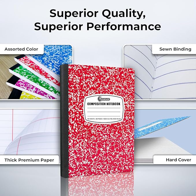 Rosmonde 5 Pack Composition Notebook Wide Ruled, 200 Pages (100 Sheets), 9-3/4x7-1/2, Notebooks for Work, Back to School Supplies, Hard Cover Composition Books, Notebooks for Women, Colors May Repeat