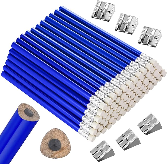 Fainne 102 Pieces Jumbo Pencils Set for Kids Toddlers 96 Thick Fat Large Pencils with Erasers 6 Sharpeners Bulk for Preschool Kindergarten Elementary School Classroom(Blue,Triangle)