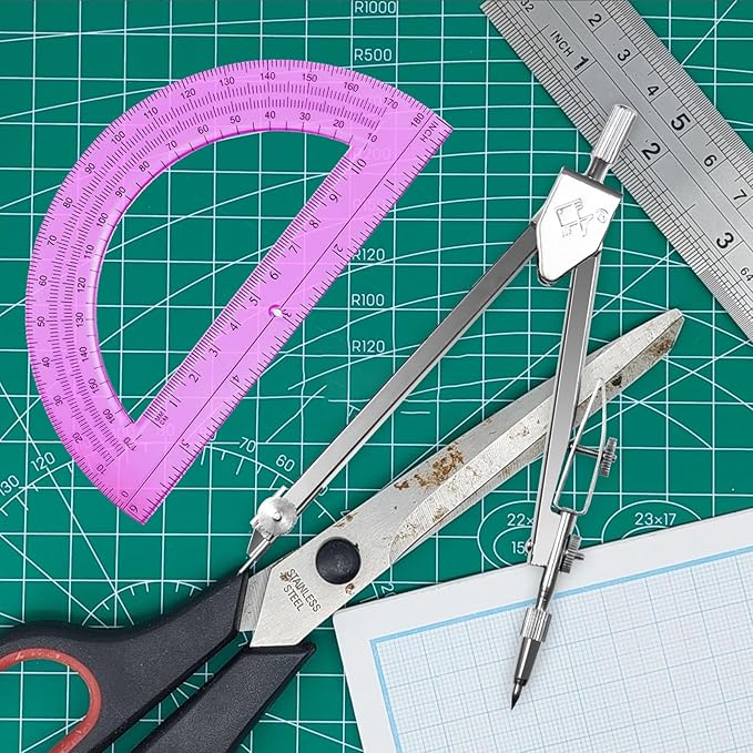 Students Geometry Math Set, Drawing Compass and 6 Inch Transparent Swing arm Protractor 180 Degree Math Protractor (Pink)