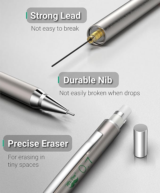 Mr. Pen- Metal Mechanical Pencil Set with Lead Refills & Erasers, 2 Pack, 0.7mm, 4x Tubes HB Lead Refill, 4x Eraser Refills for School Supplies, Note Taking, Drawing, Sketching, Office