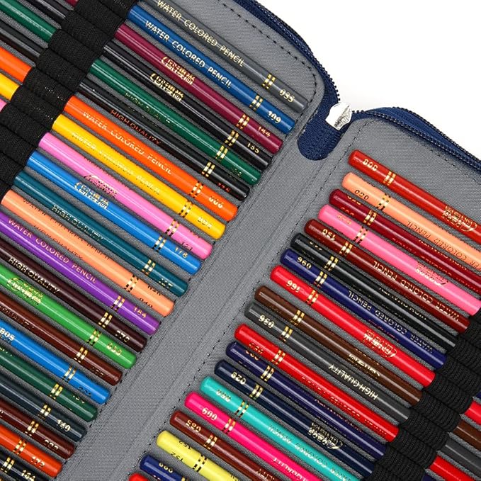Vomgomfom 252 Slots Pencil Bag, 5-Layer Zipper Art Supply Organizer, PU Leather Portable Colored Pencil Case with Handle for 252 Watercolor Pens, Gel Pens (Blue Rose)