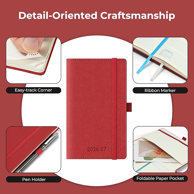 Weekly Monthly 2026-2027 Planner (July 26-Dec 27),6.5"x3.75",18 Months Agenda Plan with Month Tabs & Pocket,Expenses/Note Pages, Academic Calendar with Vegan Leather Cover,Red