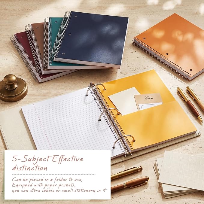Qilery 6 Pack 5 Subject Notebook College Ruled with Hardcover 200 Sheets Thick Pages 8 x 10.5 Inch Spiral Journal Thick Notebook 3 Hole Assorted Colors Easy Tear Line Office (Business Color)