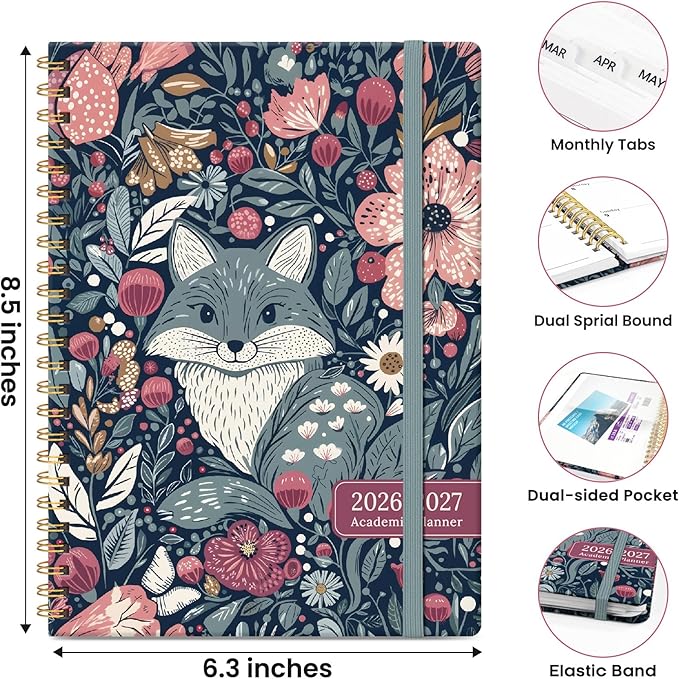 Planner 2026-2027, Hardcover Monthly and Weekly Academic Planner July 2026 - June 2027, Teacher and Student Calendar Agenda Book with Tabs, A5 (6.3" x 8.5"), Ideal for School and Office, Forest Fox