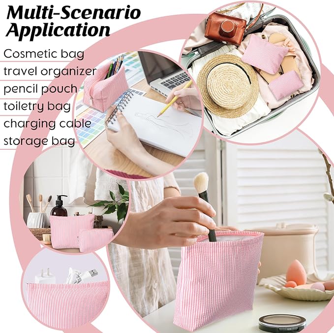 Huhumy 2 Pcs Makeup Bag Set for Women, Rose Pink, Thin Striped Seersucker | Cute Cosmetic Pouch Women Travel Toiletry Bag Preppy Small Makeup Purse Pouch Aesthetic Skincare Brushes Storage Organizer