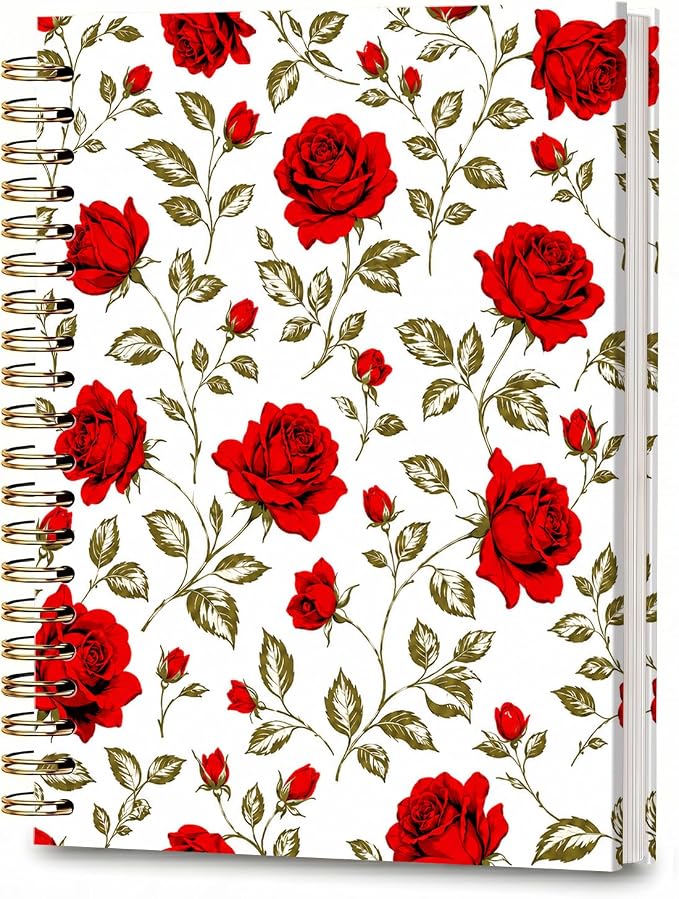 ATJFKIXL Cute Spiral Journal Notebook, A5 120 Page College Ruled Wirebound Notebook, Soft Cover for Students Office Notes and Planning - Red Rose Floral