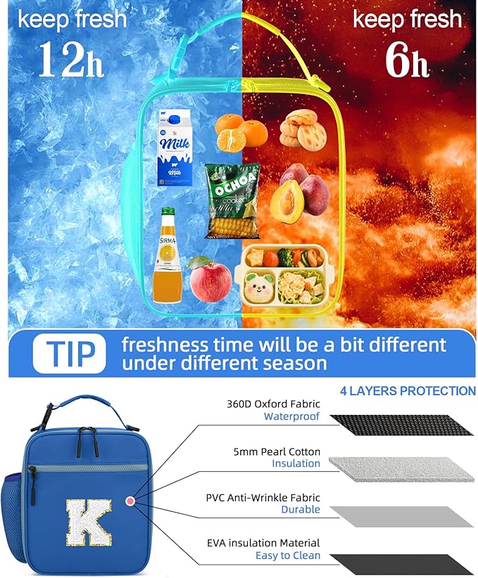Initial Insulated Lunch Bag for Boys Kids, Back to School Gift, Reusable Leak-proof Lunch Box with Adjustable Strap for School Daycare Travel Picnic（Blue，K）