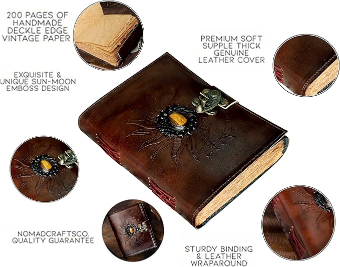 cuero Leather Sun and Moon Tiger Stone Brown Journal for Women 8X6 Leather Sketchbook Blank book Unlined Deckle Edge Paper Diary