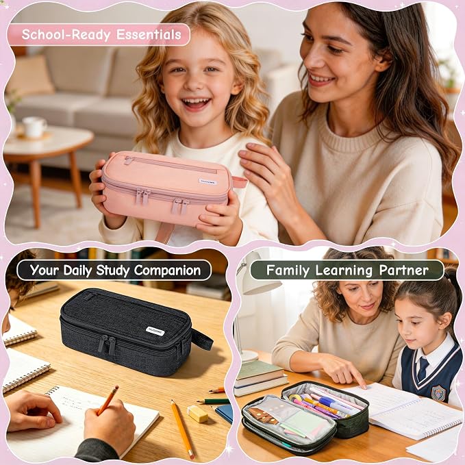 Double Layer Large Big Capacity Pencil Case Pouch Bag with Double Zipper | 5 Compartments Multiple Pockets, Aesthetic Canvas Stationery Pen Case Bag for Teens Girls,Boys,Students,College