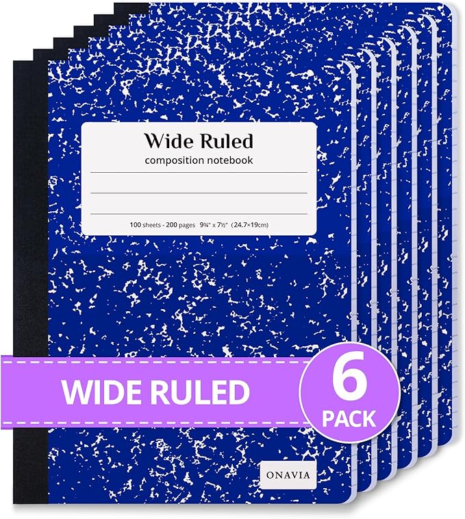 ONAVIA Composition Notebook Wide Ruled 6 Pack, 200 Pages (100 Sheets), 9-3/4 x 7-1/2, Marble Composition Books Bulk, Notebooks for School, Work, Office, Durable Comp Book, School Supplies, Blue