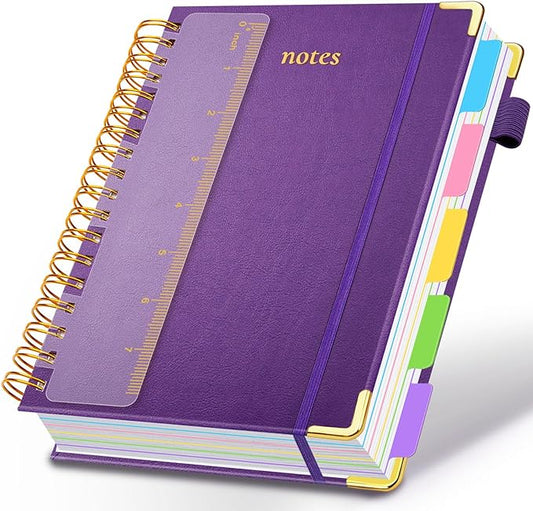 Hardcover Spiral Notebook 6.2"x 8.2" Journal Notebook with Tabs and Removable Dividers 300 Pages 5 Subject Notebook College Ruled, Faux Leather Spiral Bound Notebook for Women School Work (Purple)