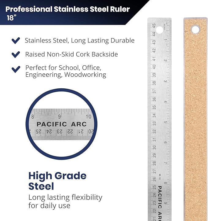 2 Pack Pacific Arc Stainless Steel 18 Inch Metal Ruler Non-Slip Cork Back, with Inch and Metric Graduations