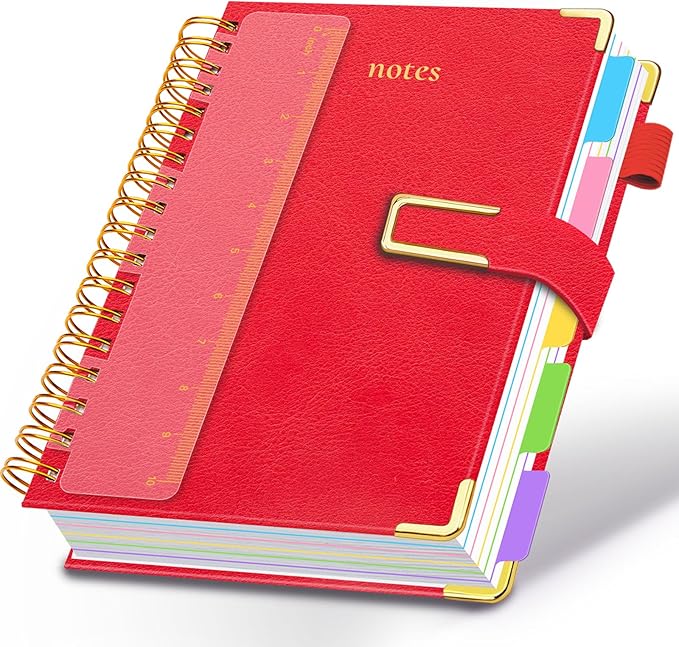 Hardcover Spiral Notebook College Ruled, 8.5"x11" Leather Journal Notebook with Magnetic Closure, 300 Pages 5 Subject Notebook with Dividers Tabs Journal for Women Men, Work, School(Red)