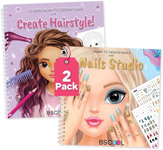 BSCOOL Create Hairstyles & Nail Designs Book Set for Girls Ages 5 and Up – Hair Design & Nail Art Sticker Books with Guides – Creative Birthday Gift for Kids