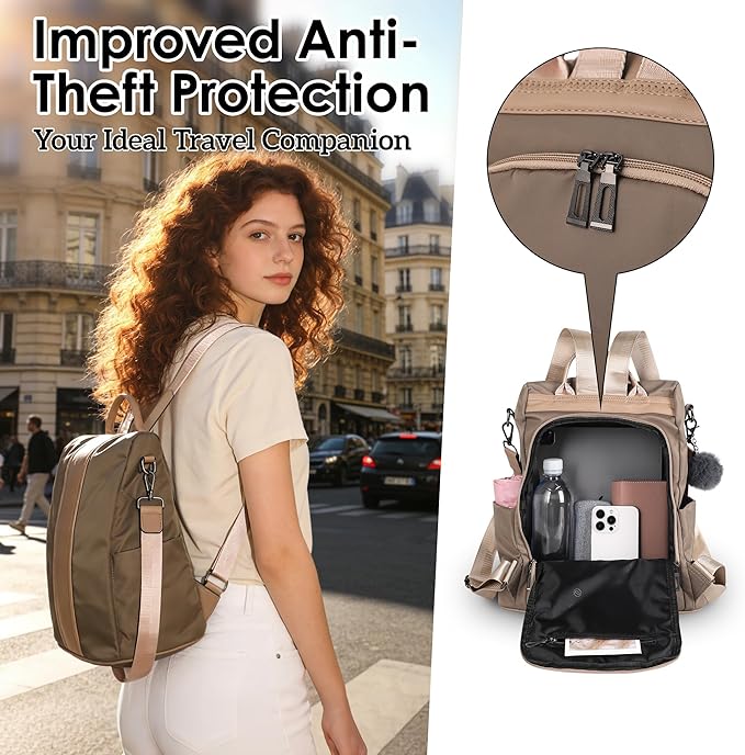 PINCNEL Women Khaki Medium Backpack Purse Waterproof Nylon Anti-theft Rucksack Lightweight Shoulder Bag