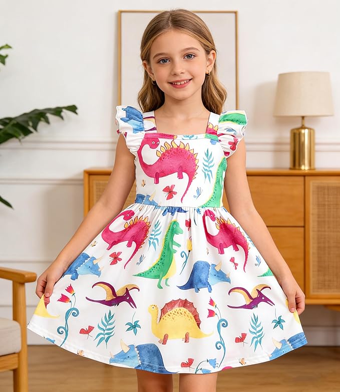 Popshion Girls Dresses Flutter Sleeve Swing Sundress Toddler Summer Clothes Kid Birthday Party Sleeveless Dress 1-8 Years Old
