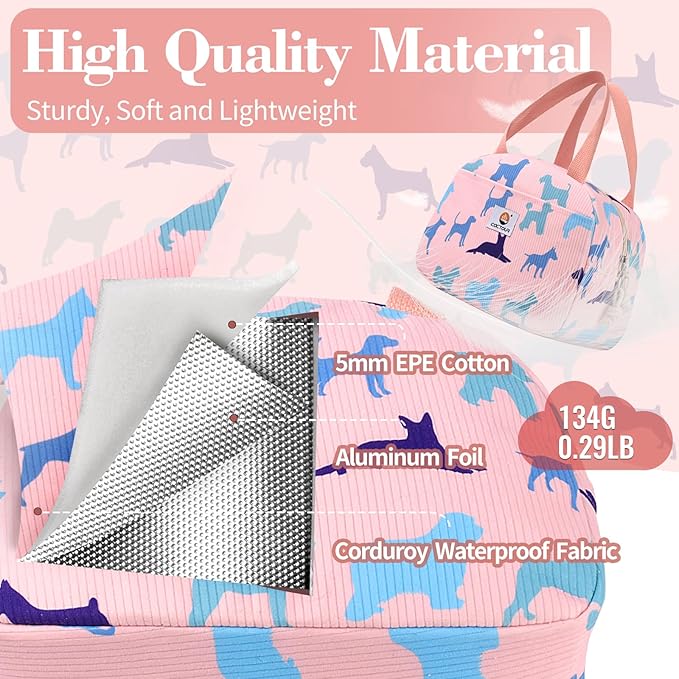 CaCTOUR Lunch Bag Kids,Cute Lunch Box for Kids Boys Girls,Portable Mini Cooler Bag,Small Insulated LunchBox Reusable Corduroy Lunch Tote for School/Travel/Picnic/Work (Dog)