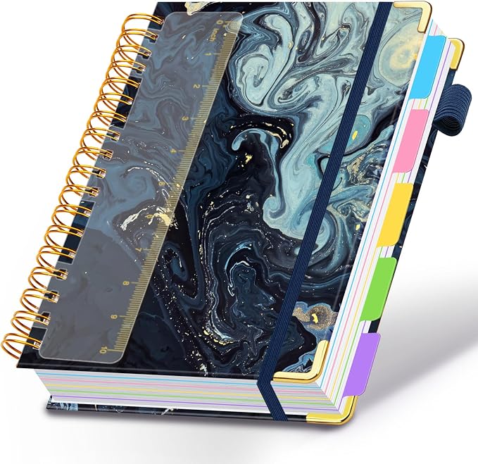 Spiral Journal Notebooks for Work, 300 Pages 5 Subject Notebook College Ruled with Dividers & Tabs, Notebook Journal for Women Students Note-Taking and Organizer (Navy Marble, 8.5''x 11'')