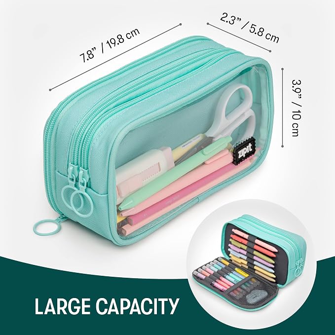 ZIPIT Half & Half Pencil Case, 3-Compartment Zipper Pouch for Girls, Mint | Clear-front pencil case for school, dedicated organizer panels, holds up to 70 pens & pencils, durable easy-care polyester