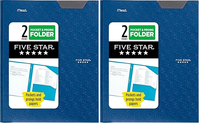 Five Star 2 Pocket Folder, Stay-Put Folder, Plastic Colored Folders with Pockets & Prong Fasteners, for Home, School Supplies & Home Office, 11” x 8-1/2”, Blue (72115) (Pack of 2)