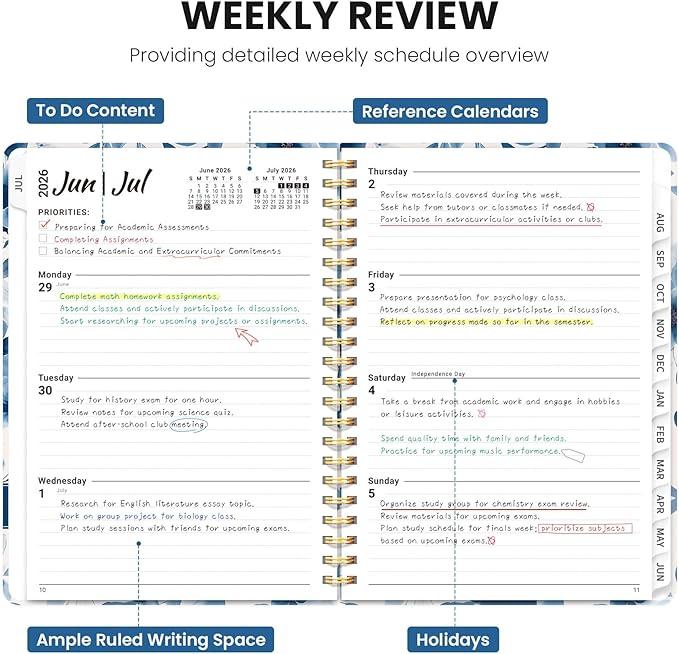 Planner 2026-2027, Monthly and Weekly Academic Planner July 2026 - June 2027, Hardcover Student Teacher Planning Agenda Calendar Book with Tabs, Perfect for Office School Supplies, A5 (6.3" x 8.5") - Watercolor Petal