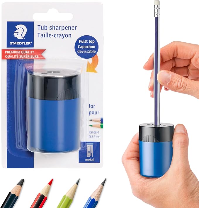 STAEDTLER Pencil Sharpener (1 Pack) with Screw Lid and Tub - No Spill Compact Design for Standard and Colored Pencils, Metal Blade, Assorted Colors