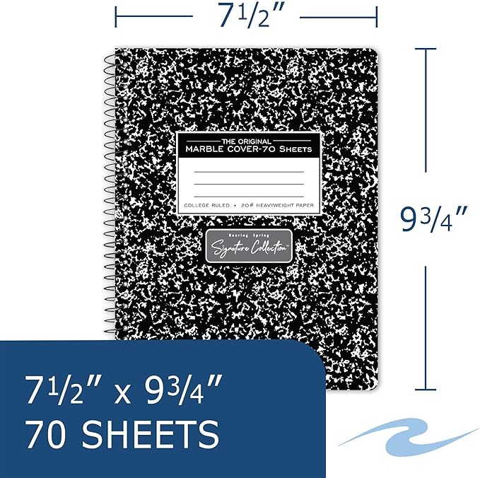 ROARING SPRING Signature Collection Composition Spiral Notebook, Hardcover, College Ruled, 20# Premium Paper, 70 Perforated Sheets, 9.75" x 7.5", Made in USA