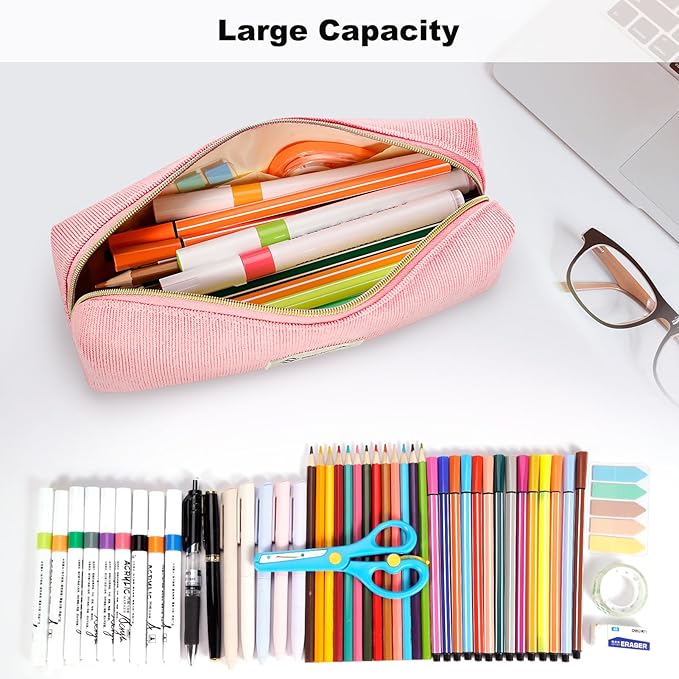 FINPAC Pencil Case, Corduroy Aesthetic Makeup Bag, Cute Kawaii Pen Bag Pouch Holder Box Organize for Study, Office, or Travel (Pink)