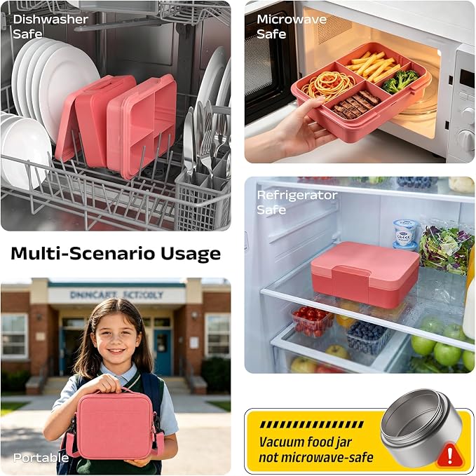 Bento Lunch Box Set for Kids with 8.5oz Hot Food Jar Leak-Proof Lunch Food Container with Insulated Lunch Bag for Toddlers Girls Boys Teens to School, Office, Picnic, Camping, Travel - Pink