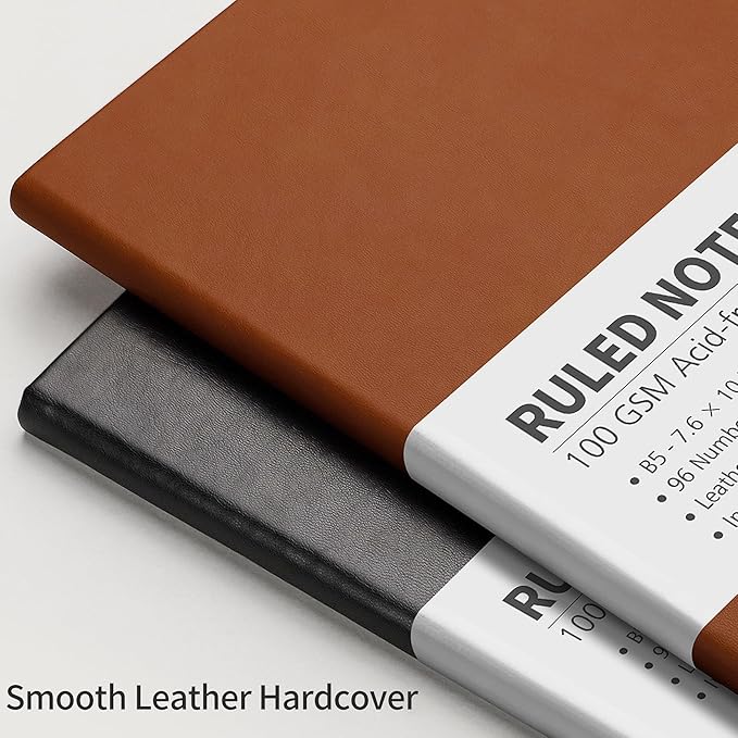 RETTACY Lined Journal Notebook, 96 Numbered Pages, B5 Medium Size (7.6'' x 10''), for Men & Women, Journaling, Writing, Work & Office, Leather Hardcover, 100 GSM Thick Paper (Brown)
