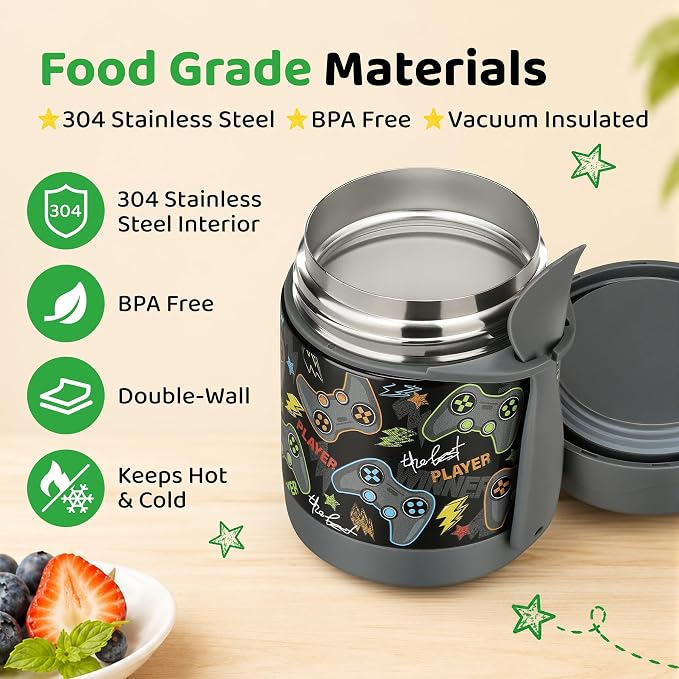Pawtong 10oz Soup Thermo for Hot Food Kids Insulated Food Jar,Thermo Hot Food Lunch Container, Width Mouth Stainless Steel Lunch Box for Kids with Spoon (Black-Gamepad)