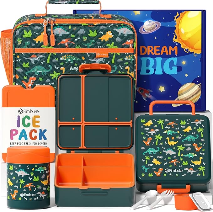 Fimibuke Kids Bento Snack Lunch Box with 4 Compartment, Insulated Lunch Bag, Stainless Steel Vacuum Thermo Food Jar, Ice Pack, Utensils Set, Birthday Gifts for Age 3-12 Back to School Toddler Girl Boy