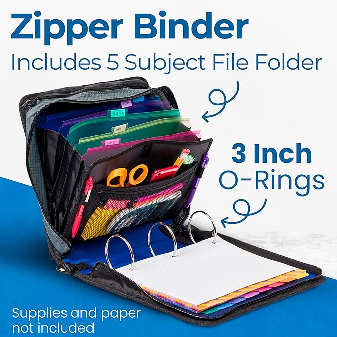 Case-it Mighty Zip Tab School Zipper Binder | 3-Inch O-Rings, 600-Sheet Capacity, 5-Subject Expanding File Folder, Multiple Pockets & Storage Organizer, Shoulder Strap | D-146 Midnight Blue