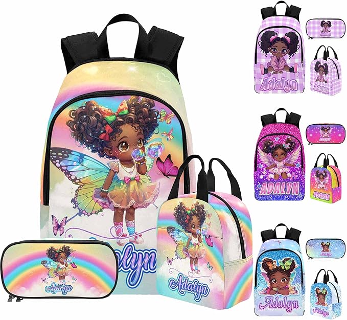 M YESCUSTOM Custom Girls Backpack Personalized School Bookbag with Lunch Bag Kids Backpacks for Boys Elementary Preschool Cute Book Bag Daypack Travel Bag Water Bottle
