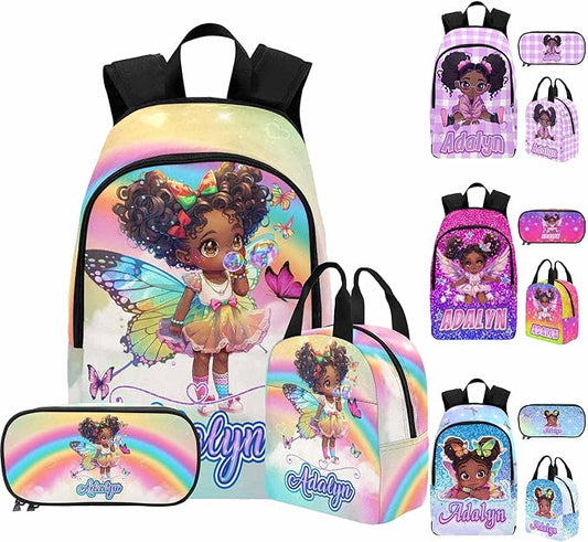 M YESCUSTOM Custom Girls Backpack Personalized School Bookbag with Lunch Bag Kids Backpacks for Boys Elementary Preschool Cute Book Bag Daypack Travel Bag Water Bottle