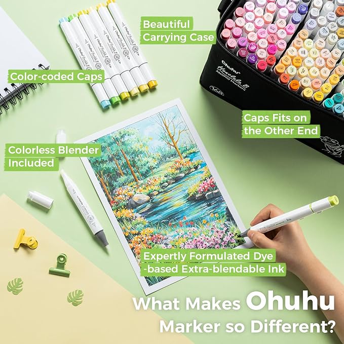 Ohuhu Alcohol Markers Brush Tip: 168-Color Double Tipped Art Marker Set for Artist Adults Coloring Illustrations -Honolulu B -Brush & Fine -Refillable