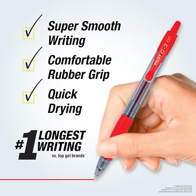 Pilot G2 Premium Gel Roller Pens, Fine Point 0.7 mm, Red Pens, Pack of 12 - Ideal for School, Journaling & Office Writing