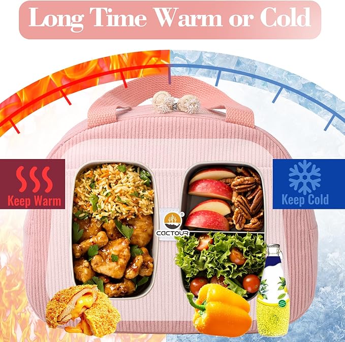 CaCTOUR Lunch Box Lunch Bag for Women Girls Teens, Cute Lunch Box Cooler Bag, Portable Small Insulated LunchBox Reusable Corduroy Lunch Tote for Work/Travel/Picnic/School(Pink)