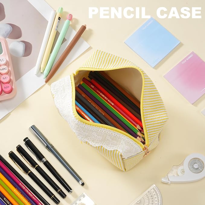 Makeup Bag Travel Toiletry Bag for Women, Small Cosmetic Bags with Lace Trim Cute Yellow Stripe Aesthetic Organizer Makeup Pouch for Purse Emergency Bag Pencil Case Accessory Bag