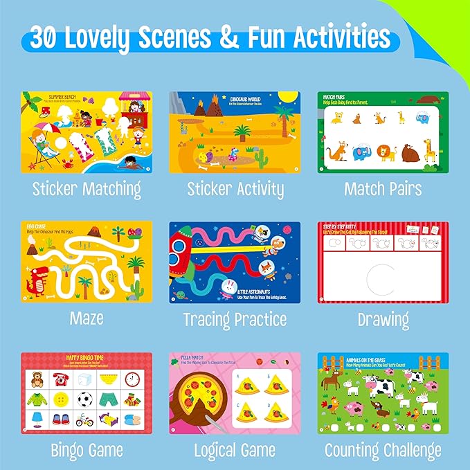 SpriteGru Sticker Activity Pad, 30 Different Scenes & 100+ Reusable Stickers, Dry Erase Brain-Boosting Puzzle Activities Book for Kids, Educational Toy for Road Trip, Airplane & Car Travel