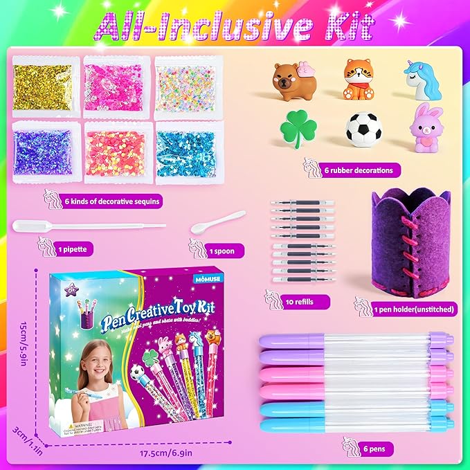 MOMUSE DIY Pen Making Kit, Fun Pen Creator Studio – Make 6 Sparkly Glitter Pens & Stitch Your Own Pen Holder, Creative Craft Toy Sewing Kits for Kids Girls Tweens 6 7 8 9 10 11 12 Birthday Gift