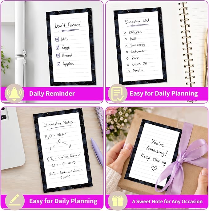 Lined Sticky Notes 4x6 in, 2 Pack Large Cute Notepads with Lines Self-Stick Note Pad, Funny Memo Pads Strong Adhesive for Office, Home Black Luxury Flowers