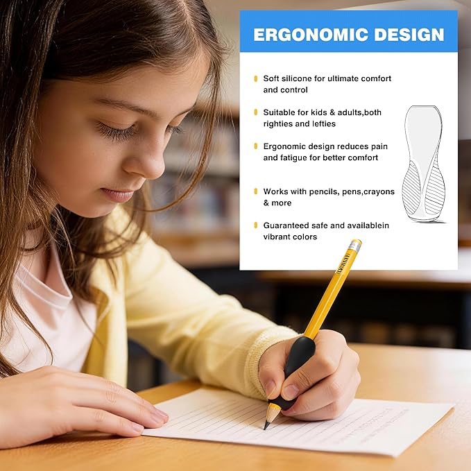 6 Pack Ergonomic Pencil Grips,Triangular Design with Finger Grooves for Children &Arthritis,Soft Non-Slip Silicone,Corrects Grip Position for Writing and Drawing,Left & Right Handed,Black