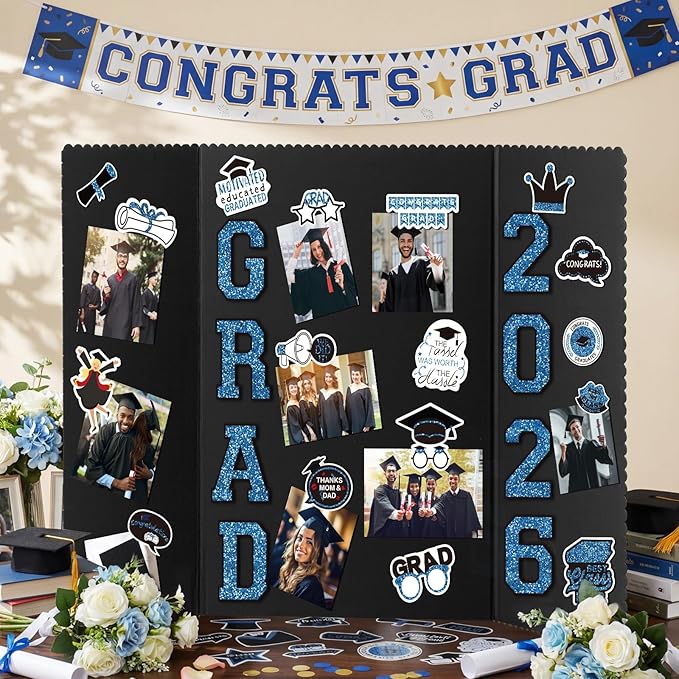 MiniInflat 4 Set 2026 Graduation Picture Trifold Poster Board Double-Sided Foldable Photo Display Board Graduation Decoration for Class of 2026 High School College DIY Craft(Blue,24 x 32 Inches)