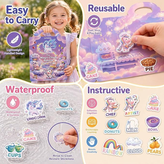 4 Sets Reusable Sticker Books for Girls Ages 3-6, Jelly Sticker Book Toddler 2-4,Ballet Unicorn Mermaid Doll Waterproof Travel Activity Toys Kids 3 4 5 6