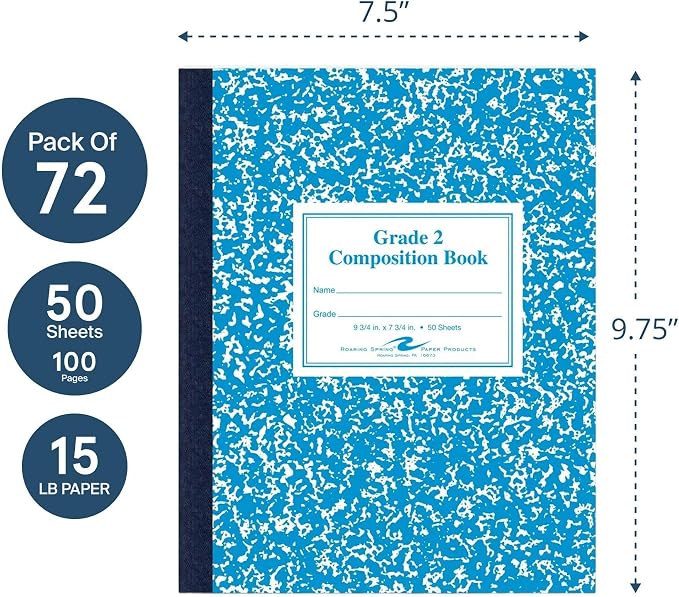 ROARING SPRING Primary Composition Book, Handwriting Notebook for Kids (K - 2nd Grade), Grade 2 Ruled, 3/4" Skip-Line Manuscript Paper, Flexible Cover, 9.75" x 7.5", 50 Sheets/100 Pages, 72 Pack