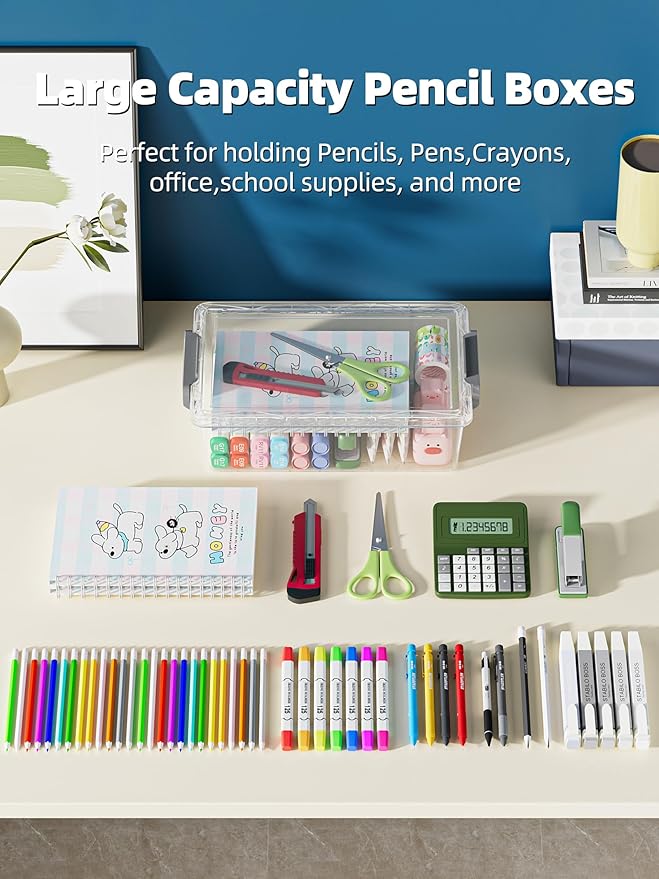 BiuLeon 4 Pack Extra Large Pencil Box, Plastic Pencil Case Organizer, Clear Crayon Box Marker Organizer, Stackable Craft Organizers and Storage for Pen, Craft, Art Supply(Black)