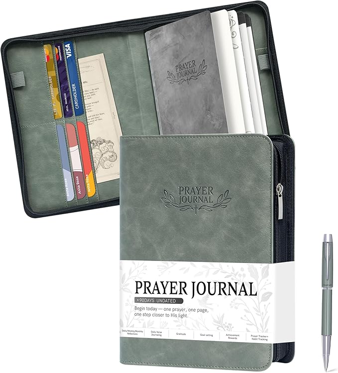 Ospelelf Prayer Journal Zippered Faux Leather Christian Daily Devotional Bible Scripture Study Tracker Notebook Planner for Reflection Gratitude Gift for Jesus Faith Believers Men Women Undated 3 Months Green