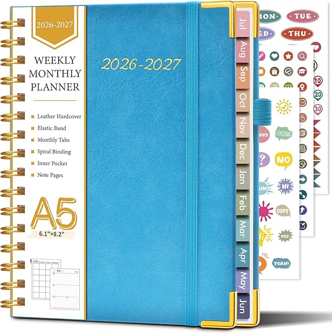Academic Planner 2026-2027, Hardcover Leather Weekly and Monthly Calendar Planner from July 2026 - June 2027, A5 6.1" x 8.2" Daily Agenda with Tabs, College School Organizer for Student Teacher, Pacific Green