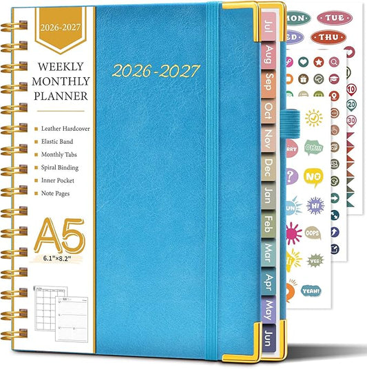 Academic Planner 2026-2027, Hardcover Leather Weekly and Monthly Calendar Planner from July 2026 - June 2027, A5 6.1" x 8.2" Daily Agenda with Tabs, College School Organizer for Student Teacher, Pacific Green